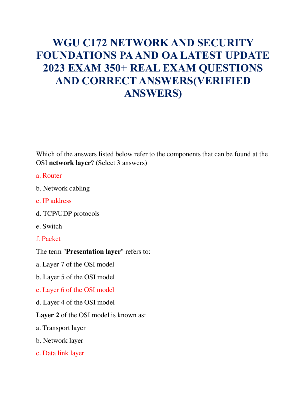Recommended document preview for WGU C172 NETWORK AND SECURITY FOUNDATIONS PA AND OA LATEST UPDATE 2023 EXAM 350+ REAL EXAM QUESTIONS AND CORRECT ANSWERS(VERIFIED ANSWERS)